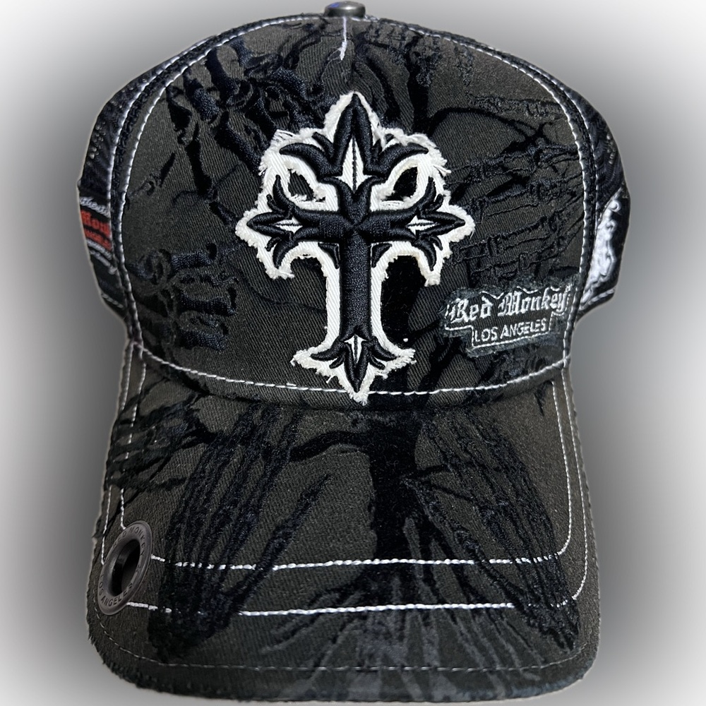 Red Monkey Black Embroidered Cross Cap